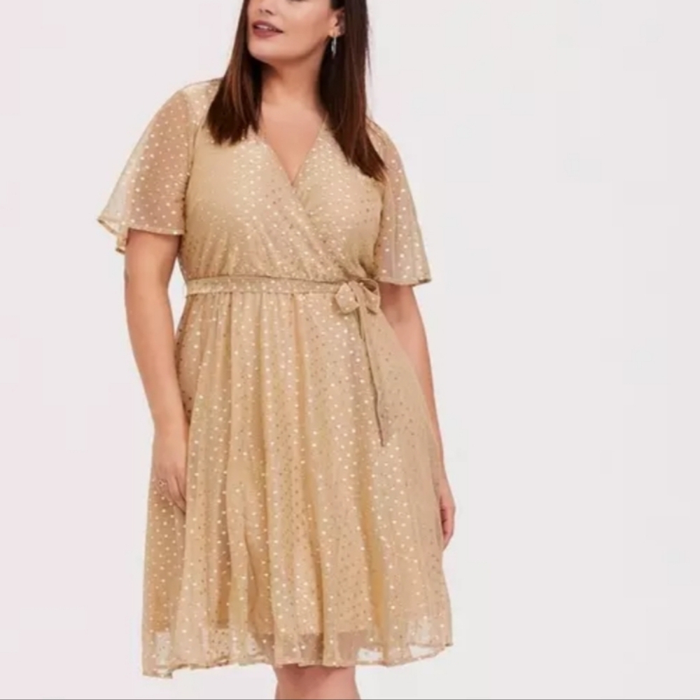 Torrid Gold Metallic Polka Dot Mesh Wrap Dress 0 BNWT